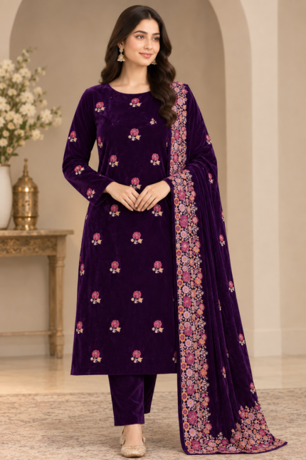 Purple embroidered velvet 3-piece suit with floral kameez and embroidered dupatta