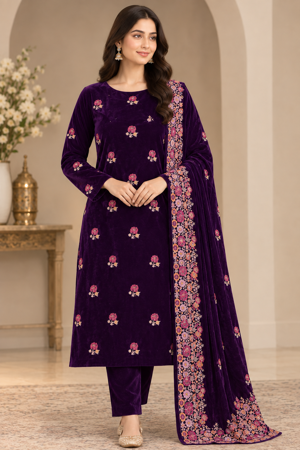 purple-embroidered-velvet-3-piece-suit Purple embroidered velvet 3-piece suit with floral kameez and embroidered dupatta