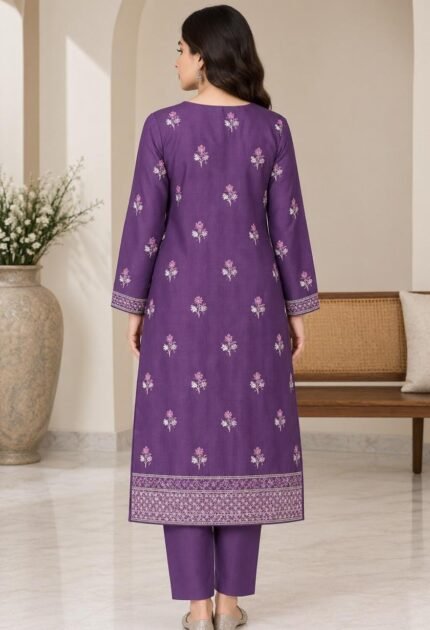 Purple silk embroidered 3 piece unstitched suit with chiffon dupatta