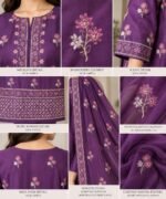 Purple Silk Embroidered 3 Piece Unstitched Suit with Chiffon Dupatta - Image 3