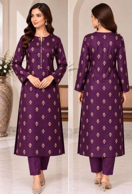 Purple Silk Embroidered 3 Piece Unstitched Suit with Chiffon Dupatta