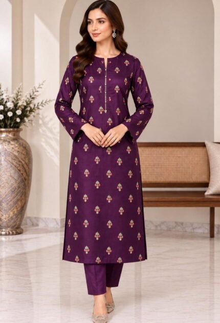 Purple Silk Embroidered 3 Piece Unstitched Suit with Chiffon Dupatta