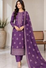 Purple silk embroidered 3 piece unstitched suit with chiffon dupatta