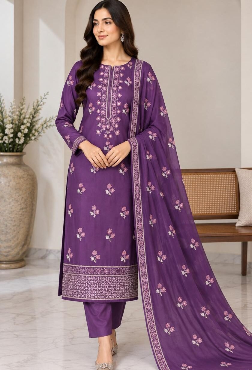 purple-silk-embroidered-3-piece-unstitched-suit Purple silk embroidered 3 piece unstitched suit with chiffon dupatta