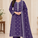 Purple velvet embroidered 3-piece unstitched Pakistani suit with detailed kameez, matching sleeves and embroidered velvet dupatta.