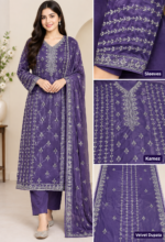 Purple velvet embroidered 3-piece unstitched Pakistani suit with detailed kameez, matching sleeves and embroidered velvet dupatta.