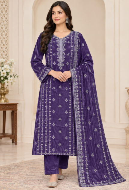 Purple velvet embroidered 3-piece unstitched Pakistani suit with detailed kameez, matching sleeves and embroidered velvet dupatta.