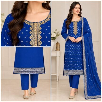 Royal blue embellished grip 3 piece Pakistani suit with embroidered kameez, matching dupatta and plain trouser