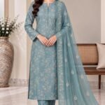 Teal Blue Embroidered Silk 3 Piece Unstitched Suit with Chiffon Dupatta