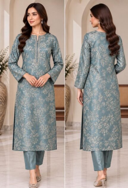 Teal Blue Embroidered Silk 3 Piece Unstitched Suit with Chiffon Dupatta