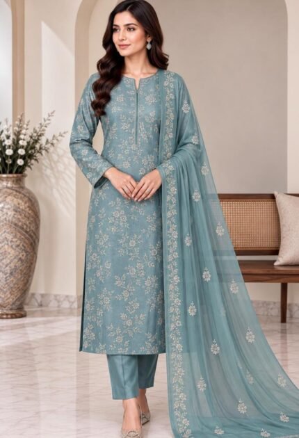 Teal Blue Embroidered Silk 3 Piece Unstitched Suit with Chiffon Dupatta