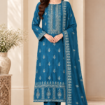 Teal blue silk 3 piece unstitched Pakistani suit with matching dupatta