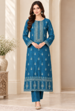 Teal blue silk 3 piece unstitched Pakistani suit with matching dupatta