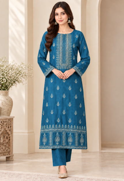 Teal blue silk 3 piece unstitched Pakistani suit with matching dupatta