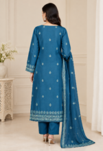 Teal Blue Silk 3 Piece Unstitched Suit - Image 3