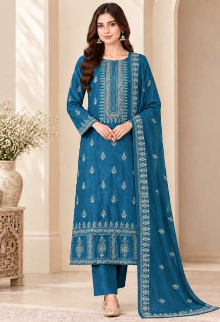 Teal blue silk 3 piece unstitched Pakistani suit with matching dupatta