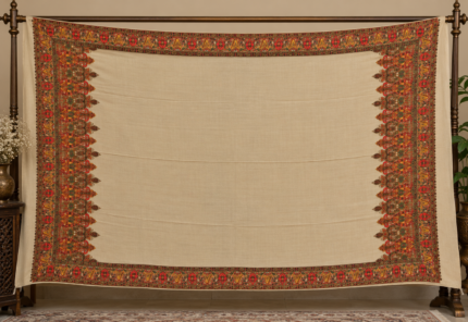 Beige embroidered wool shawl with traditional multicolor Kashmiri border design