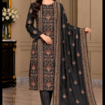 Black charcoal silk embroidered 3 piece unstitched suit with matching dupatta