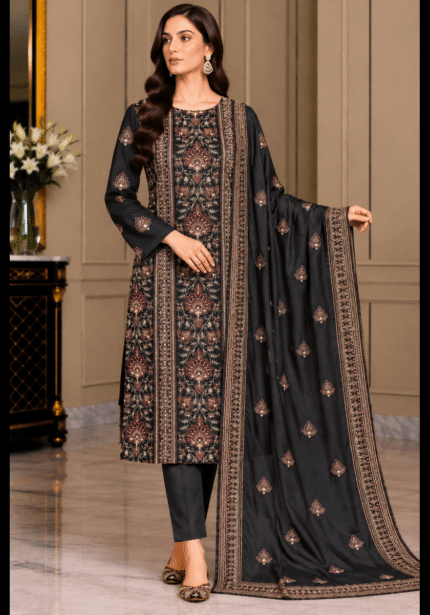 Black charcoal silk embroidered 3 piece unstitched suit with matching dupatta