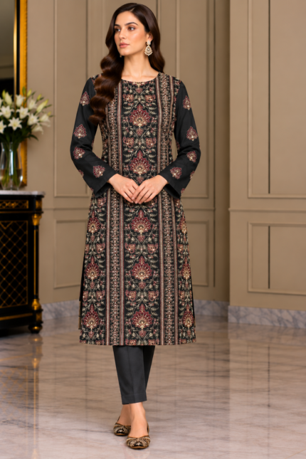 Black charcoal silk embroidered 3 piece suit front pose without dupatta