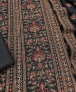 Black charcoal silk unstitched suit fabric with floral embroidery and embroidered border