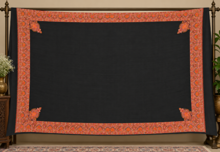 Black wool shawl with traditional Kashmiri orange and red embroidered border