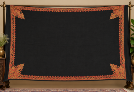 Black wool shawl with traditional Kashmiri red and orange embroidered border