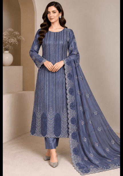 Blue Sheesha Silk cut dana embroidered 3 piece suit with dupatta