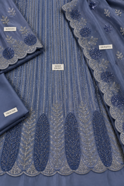 Blue Sheesha Silk unstitched fabric with cut dana work closeup