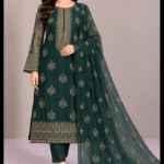 Bottle green chiffon handwork 3 piece suit with embroidered dupatta
