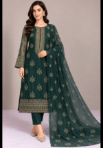 Bottle green chiffon handwork 3 piece suit with embroidered dupatta