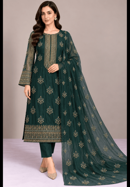 Bottle green chiffon handwork 3 piece suit with embroidered dupatta