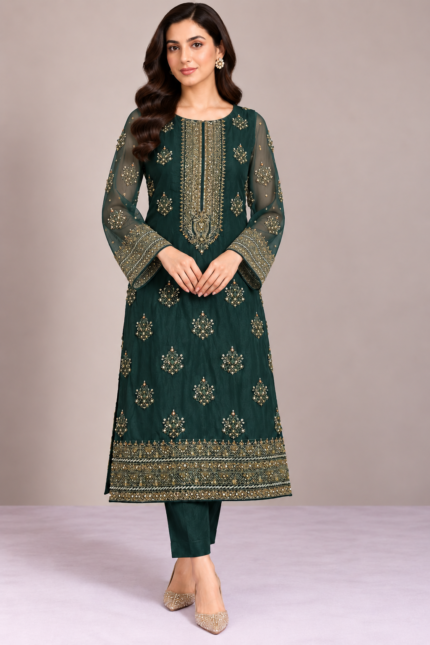 Bottle green chiffon handwork suit front view without dupatta