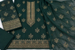 Bottle green chiffon handwork unstitched fabric with embroidered motifs closeup