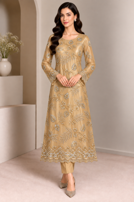Champagne Sheesha Silk Suit Front View With Gold and Silver Sequin Work