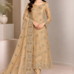 Champagne Sheesha Silk 3 Piece Unstitched Suit With Sequin Work and Embroidered Dupatta