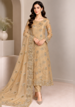 Champagne Sheesha Silk 3 Piece Unstitched Suit With Sequin Work and Embroidered Dupatta