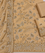 Champagne Sheesha Silk Unstitched Fabric With Gold Silver Sequin Embroidery