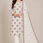 Cream Boski 3 piece unstitched suit with chiffon dupatta