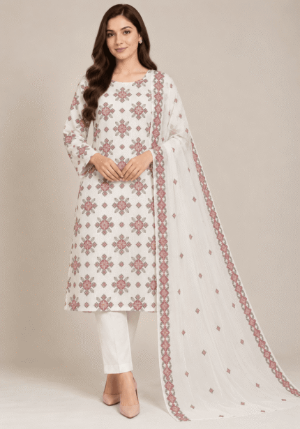 Cream Boski 3 piece unstitched suit with chiffon dupatta