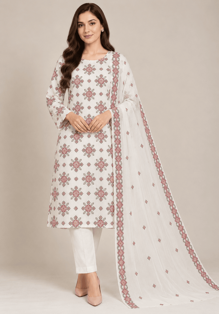 Cream Boski 3 Piece Suit With Chiffon Dupatta Cream Boski 3 piece unstitched suit with chiffon dupatta