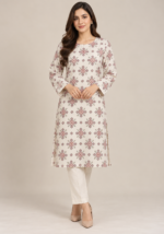 Cream Boski unstitched suit front view without dupatta