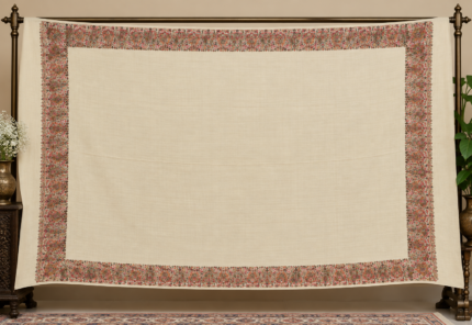 Cream ivory wool shawl with traditional Kashmiri floral embroidery border