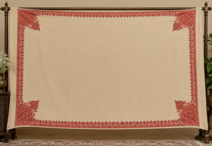 Cream wool shawl with traditional red Kashmiri embroidery and corner motifs