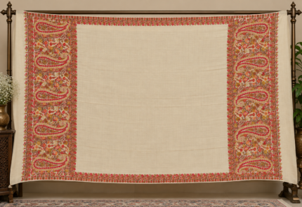 Cream wool shawl with intricate red and multicolor Kashmiri paisley embroidery