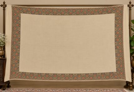 Cream wool shawl with intricate dark olive and red Kashmiri embroidery border