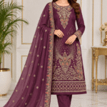 Deep plum silk handwork unstitched suit with embroidered chiffon dupatta