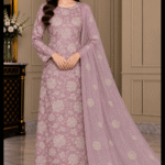 Dusty mauve silk embroidered 3 piece suit with matching chiffon dupatta