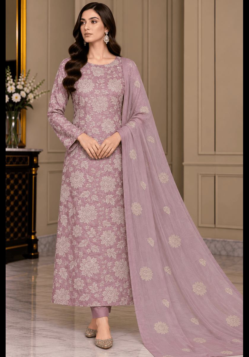 Dusty Mauve Silk Embroidered 3 Piece Suit With Chiffon Dupatta Dusty mauve silk embroidered 3 piece suit with matching chiffon dupatta
