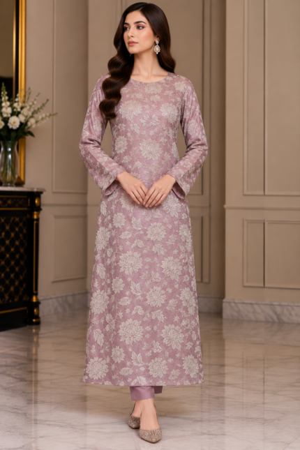 Dusty mauve silk shirt with all over ivory floral embroidery front pose
